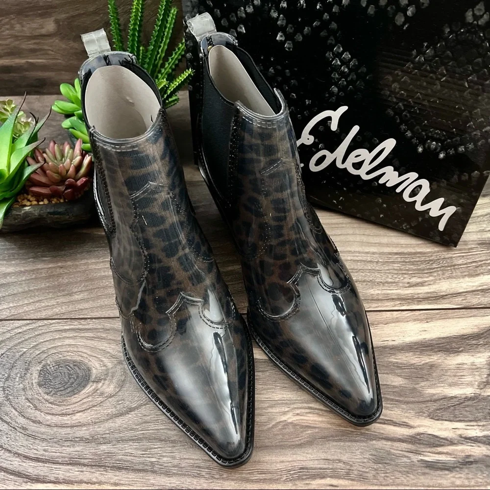 NIB Sam Edelman Winona Western Ankle Rain Bootie Bootie Dark Leopard 8M 38 - Picture 2 of 11
